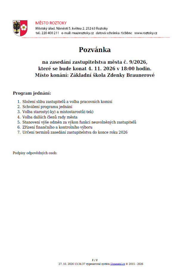 zasedání zastupitelstva Roztoky 4.11.2026